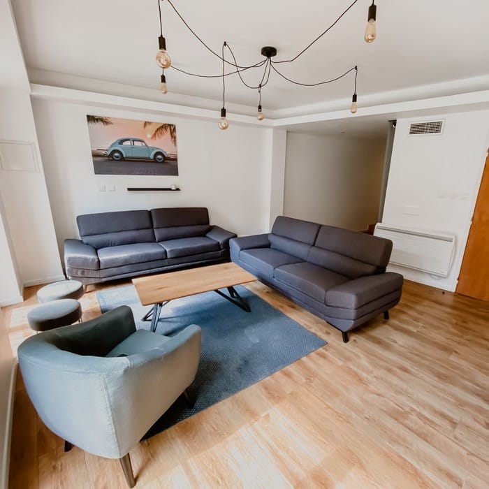 Salon rénové et meublé à Castres, avec parquet et suspensions