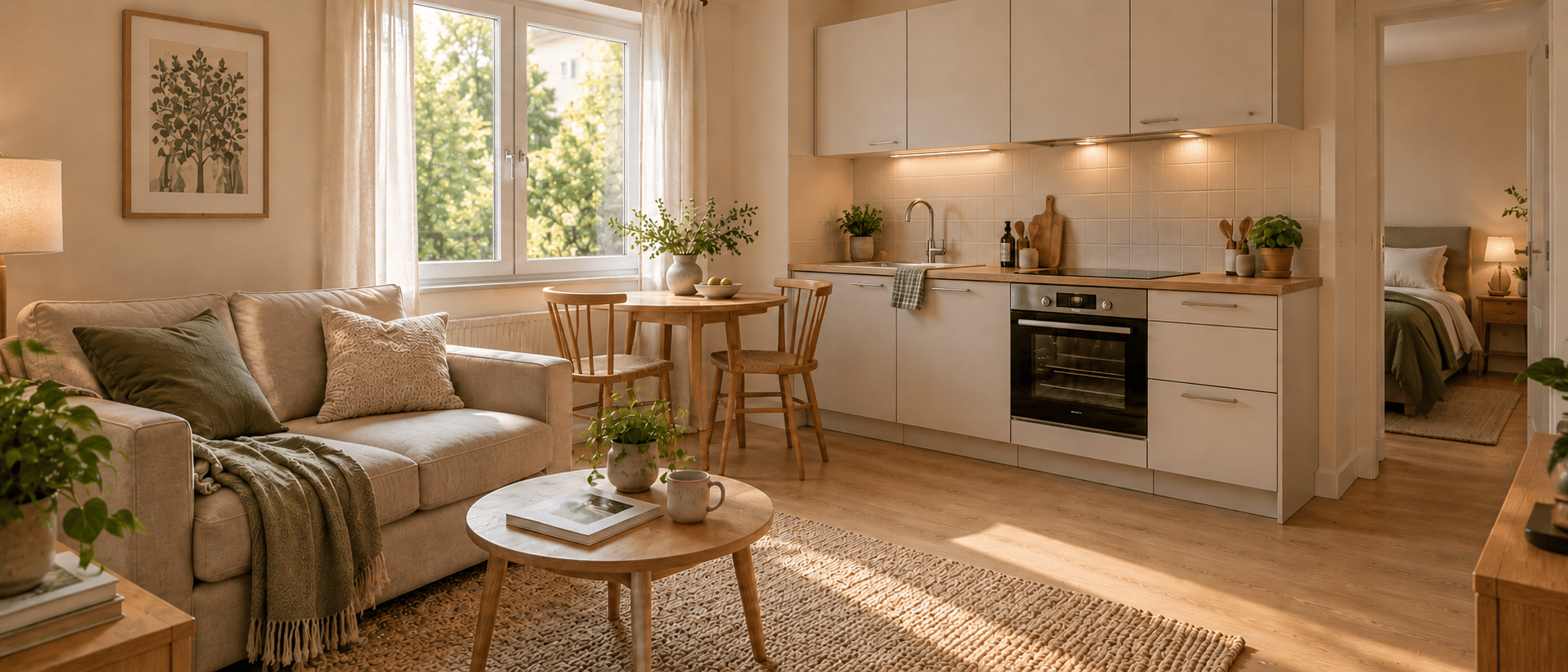 Pièce de vie lumineuse avec salon et cuisine équipée
