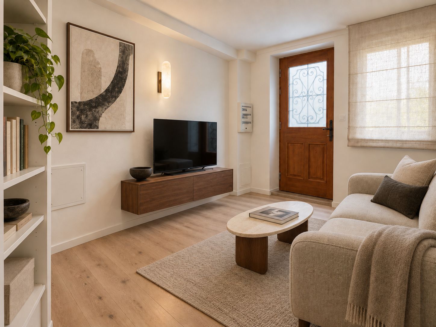 Salon lumineux avec meuble TV, rangements et espace de détente